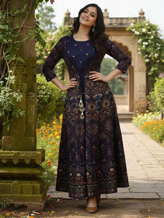 women printed three quarter sleeve ethnic dress