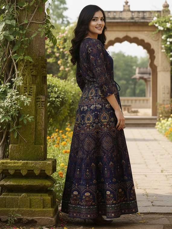 women printed three quarter sleeve ethnic dress - 22326549 -  Standard Image - 3