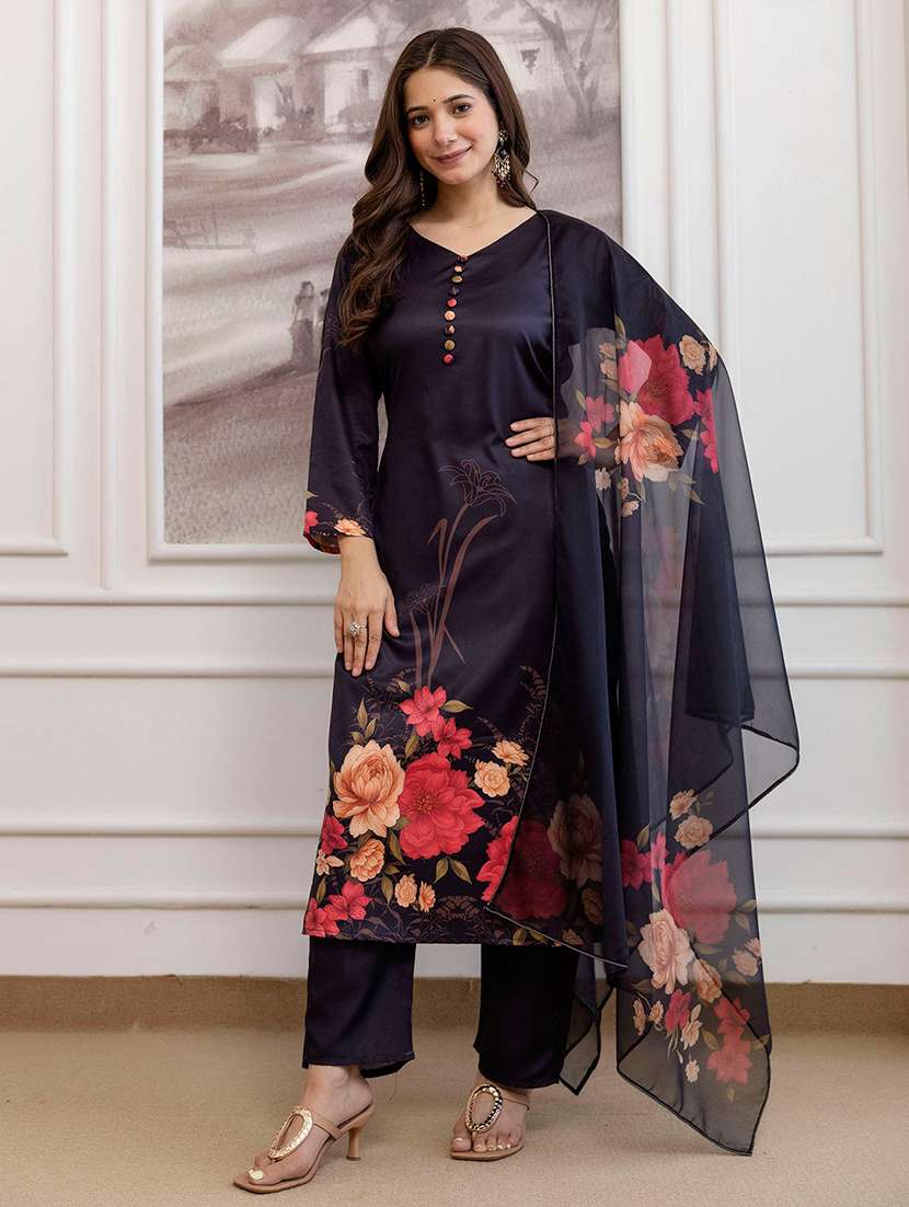 women floral three quarter sleeve kurta pant with dupatta set