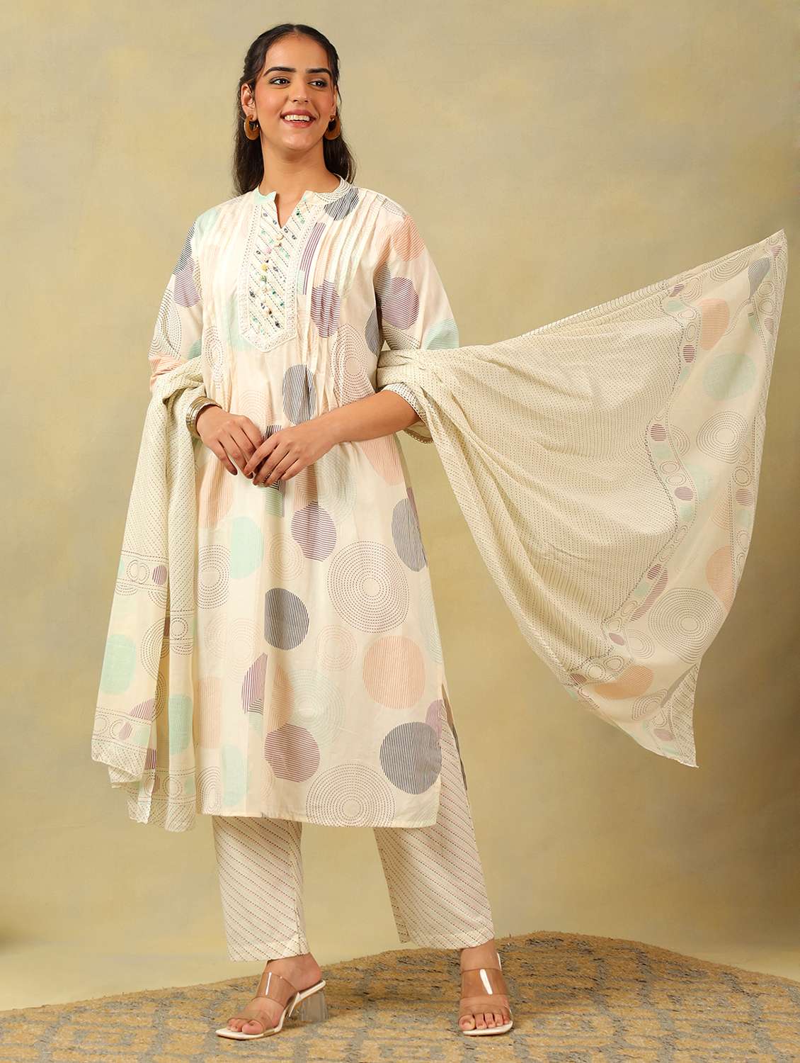 women printed three quarter sleeve kurta pant with dupatta set - 22326587 -  Standard Image - 3