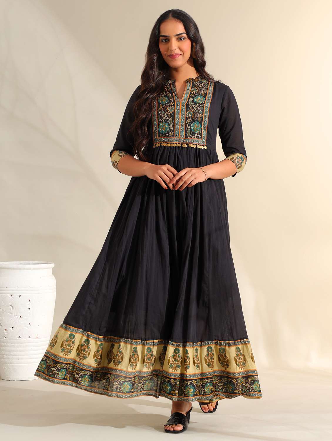 women floral three quarter sleeve tiered ethnic dress
