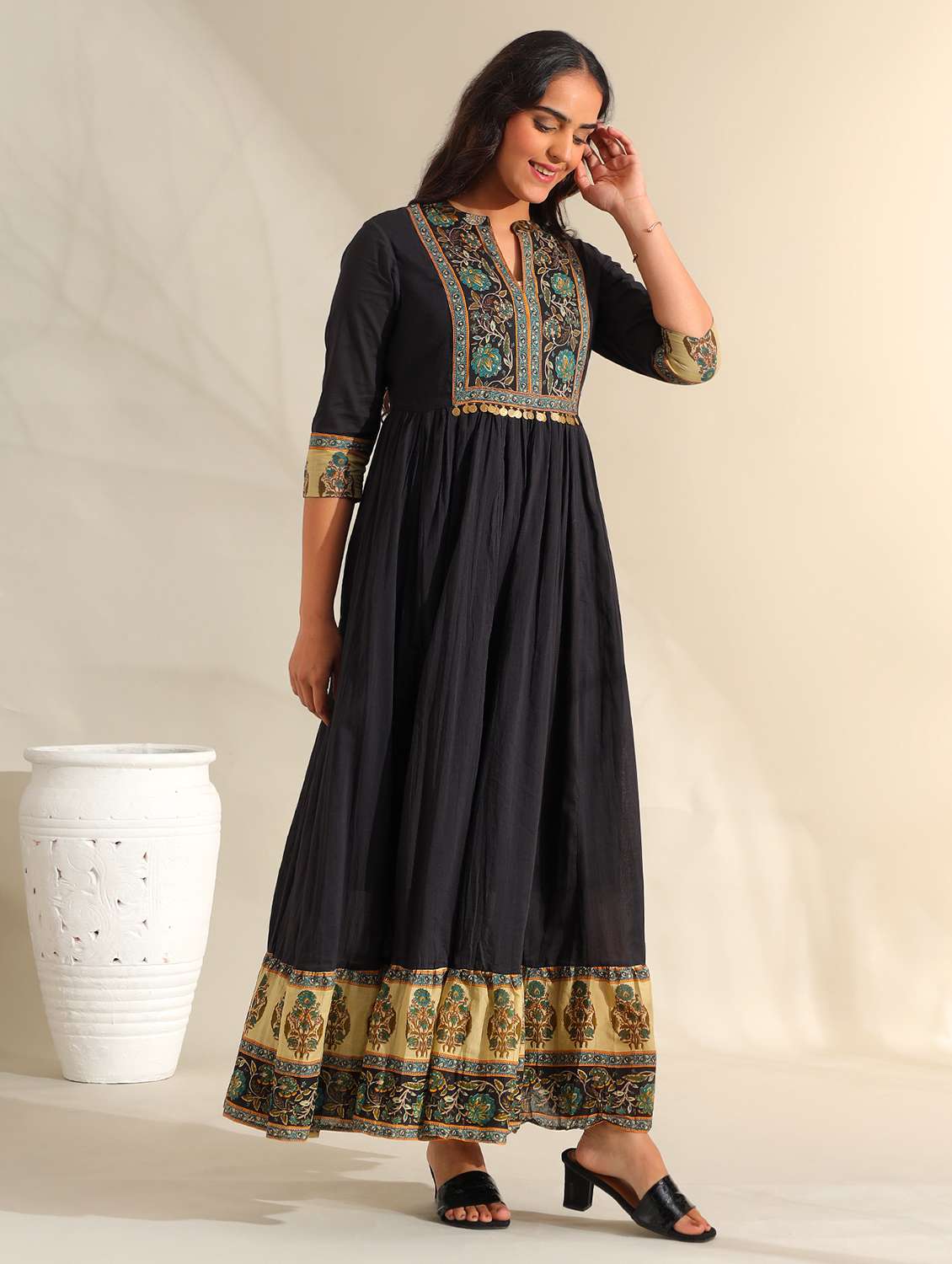 Women Floral Three Quarter Sleeve Tiered Ethnic Dress - 22326589 -  Standard Image - 3