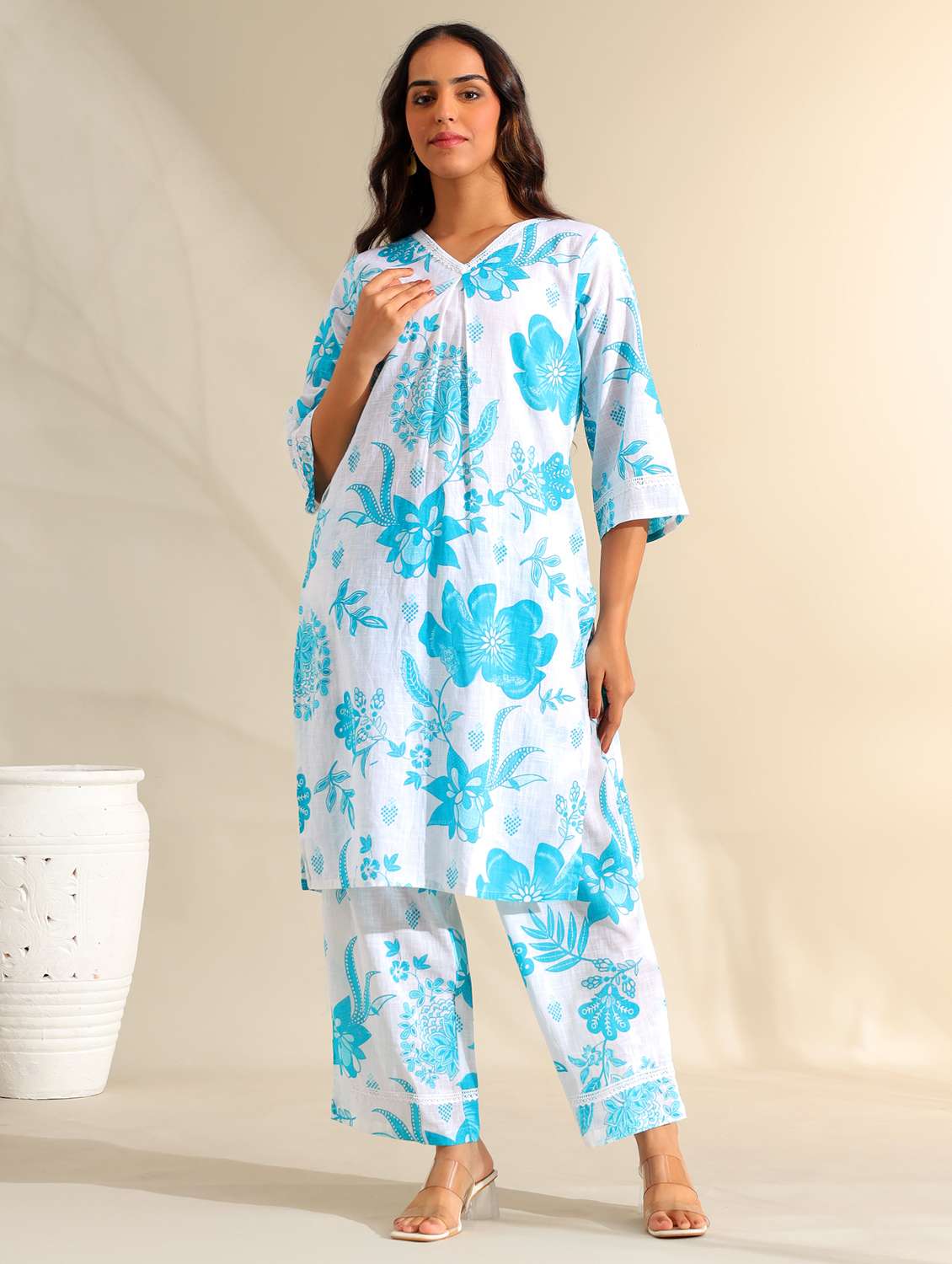 women floral three quarter sleeve ethnic co-ord set