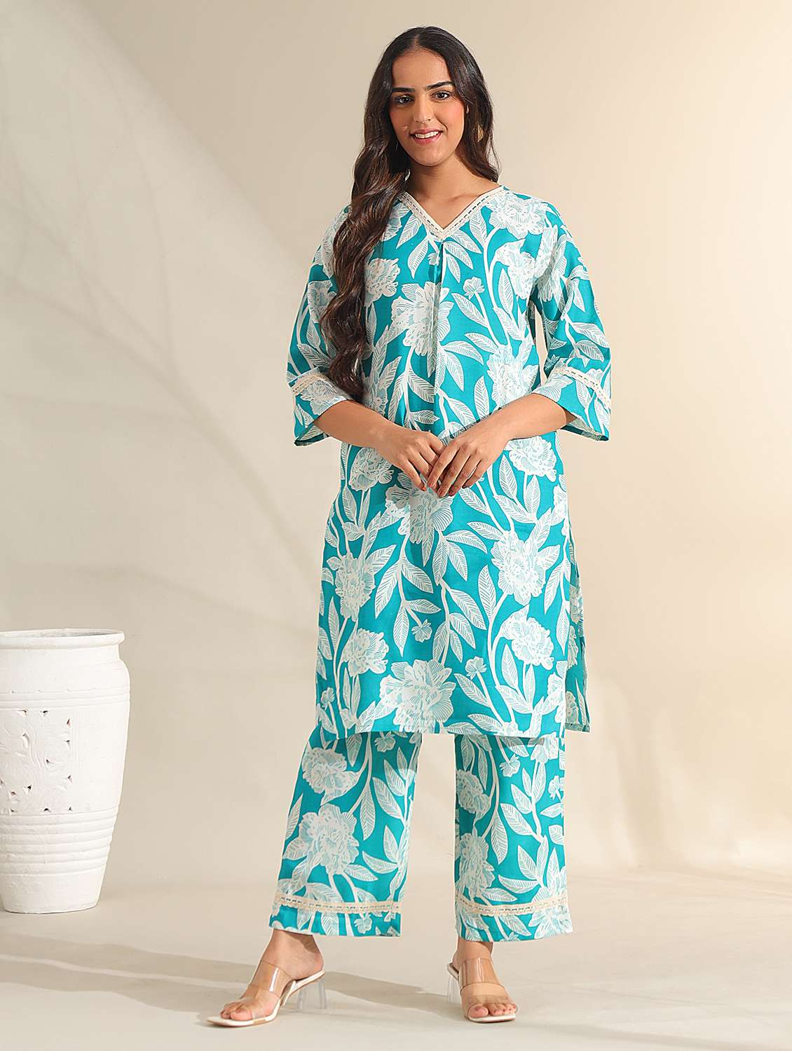 women floral three quarter sleeve ethnic co-ord set