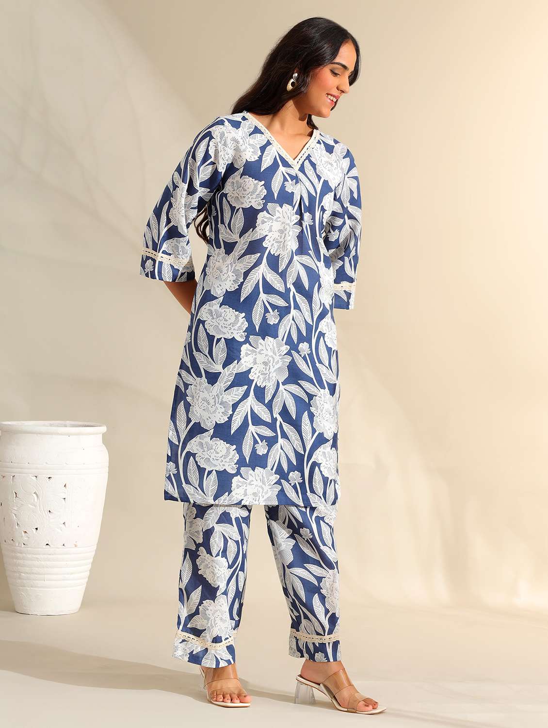 women floral three quarter sleeve ethnic co-ord set - 22326603 -  Standard Image - 3