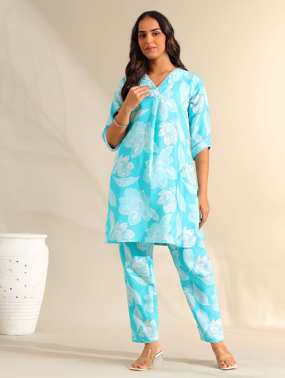 women floral three quarter sleeve ethnic co-ord set