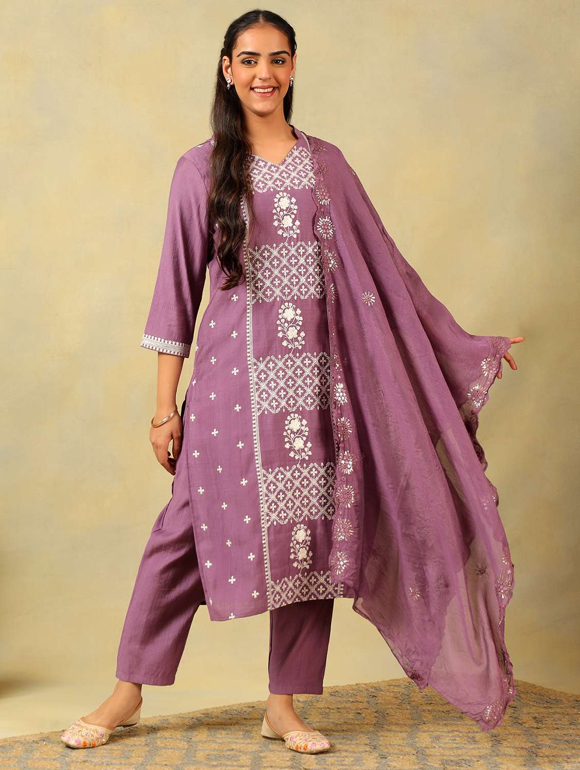women solid with work mandarin neck kurta pant with dupatta set