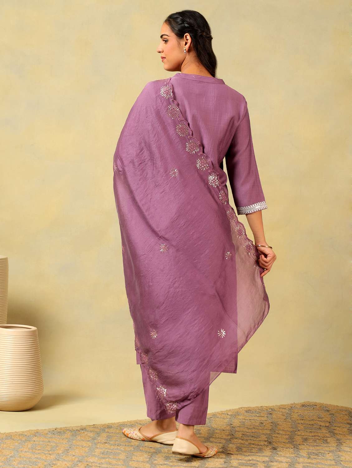 women solid with work mandarin neck kurta pant with dupatta set - 22326628 -  Standard Image - 3