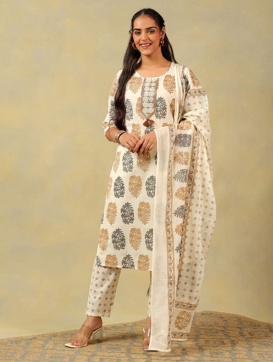 women printed three quarter sleeve kurta pant with dupatta set - 22326648 -  Standard Image - 3