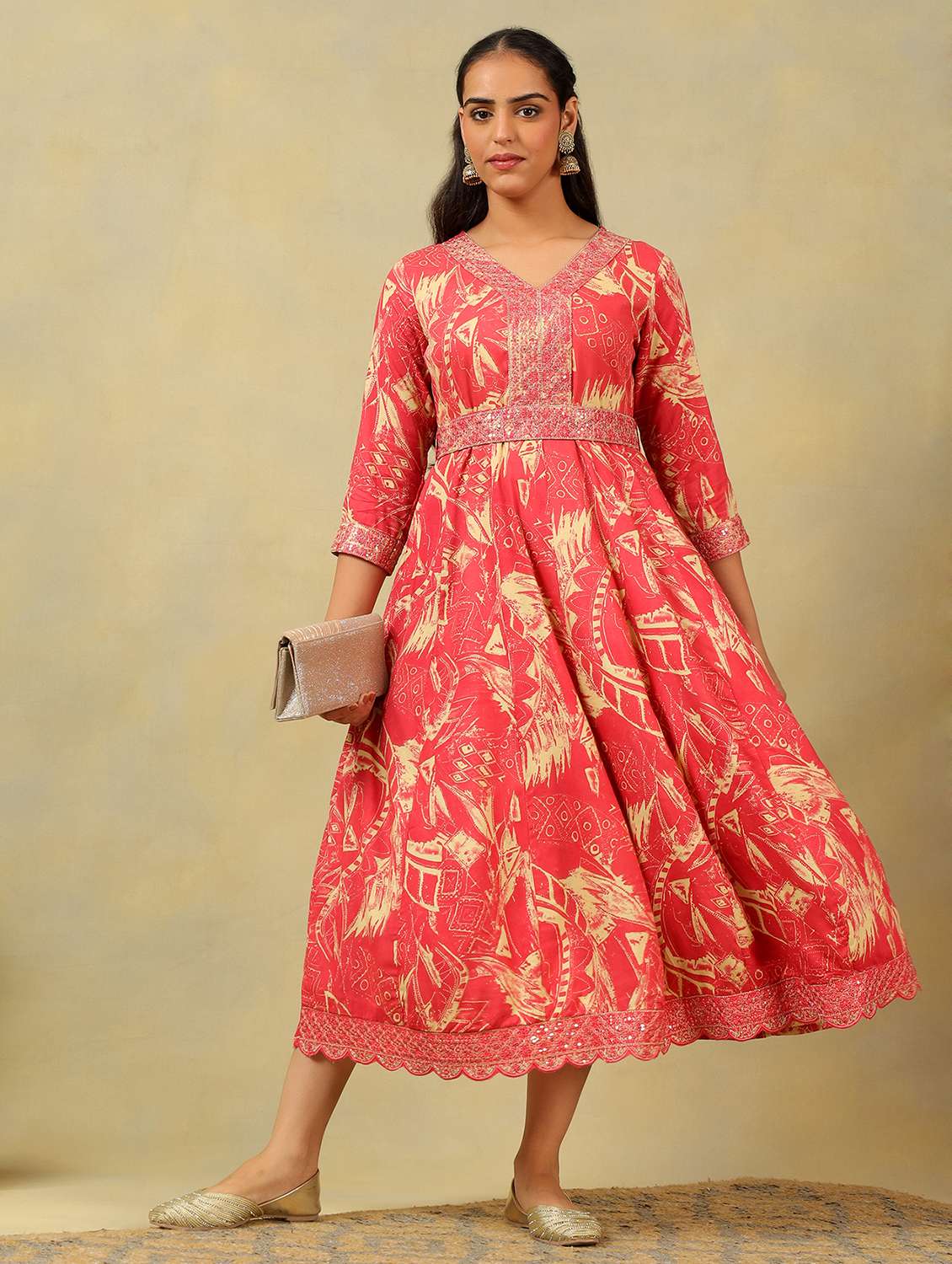 women printed v neck anarkali ethnic dress