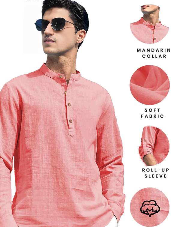 men solid mandarin neck short kurta - 22327172 -  Standard Image - 3