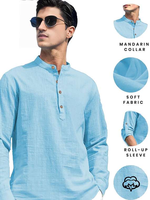 men solid mandarin neck short kurta - 22327174 -  Standard Image - 3