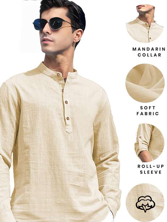 men solid mandarin neck short kurta - 22327178 -  Standard Image - 3