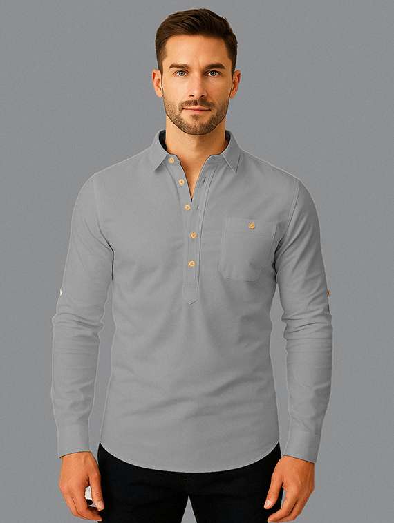 men solid long sleeve short kurta