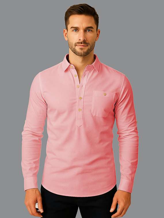 men solid long sleeve short kurta