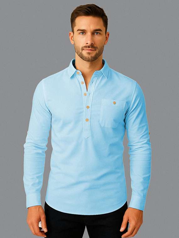men solid long sleeve short kurta