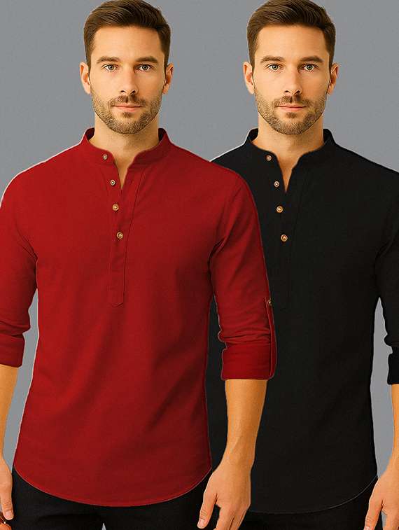 men pack of 2 solid mandarin neck short kurta