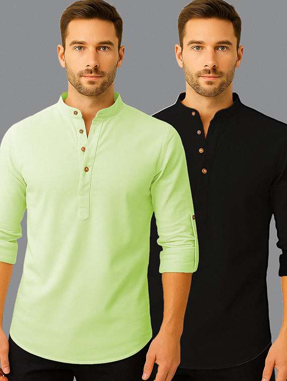 men pack of 2 solid mandarin neck short kurta
