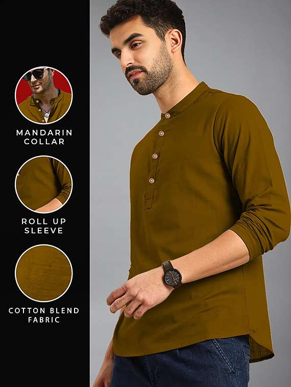 men solid mandarin neck short kurta - 22327322 -  Standard Image - 3