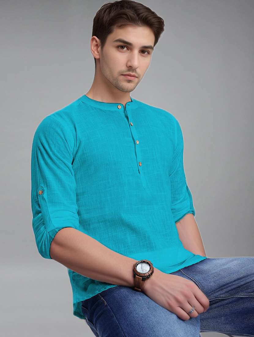men solid long sleeve short kurta