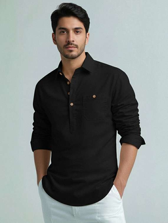 men solid long sleeve short kurta