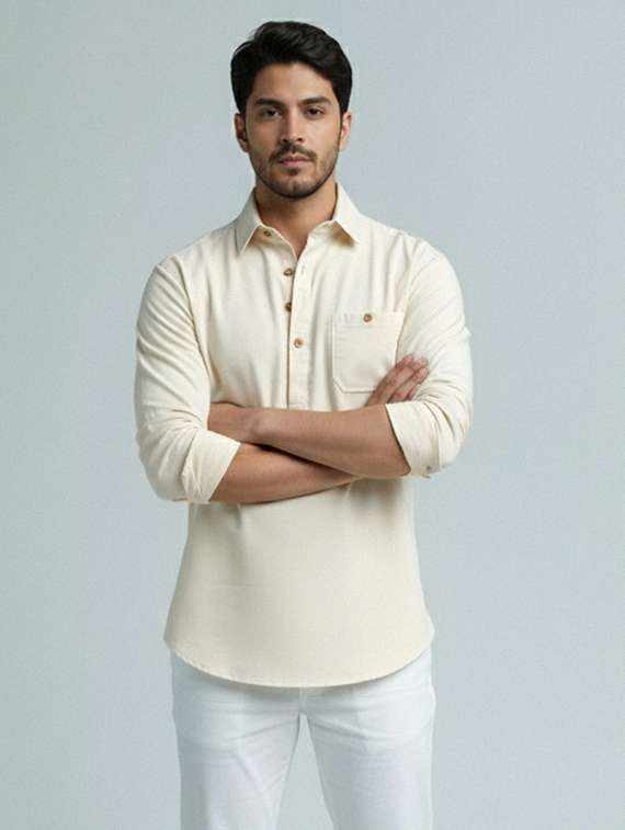 men solid long sleeve short kurta