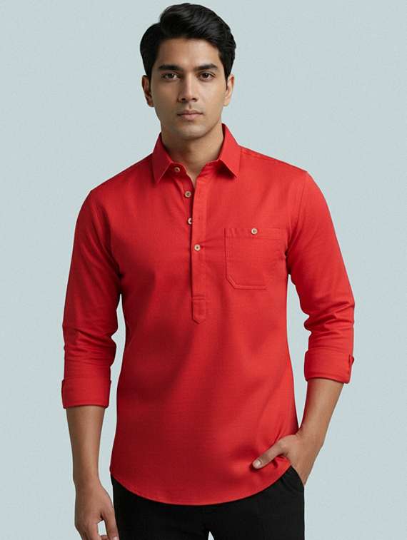 men solid long sleeve short kurta