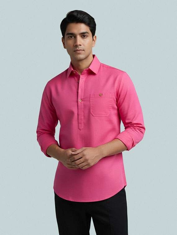 men solid long sleeve short kurta