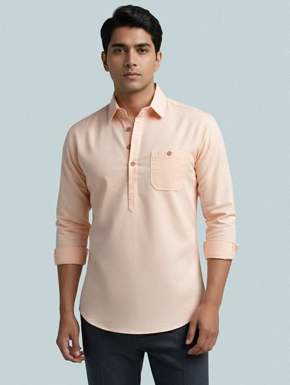 men solid long sleeve short kurta