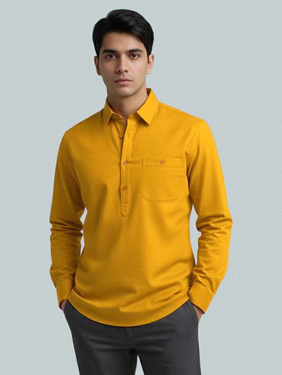 men solid long sleeve short kurta