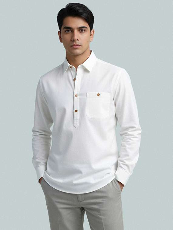 men solid long sleeve short kurta