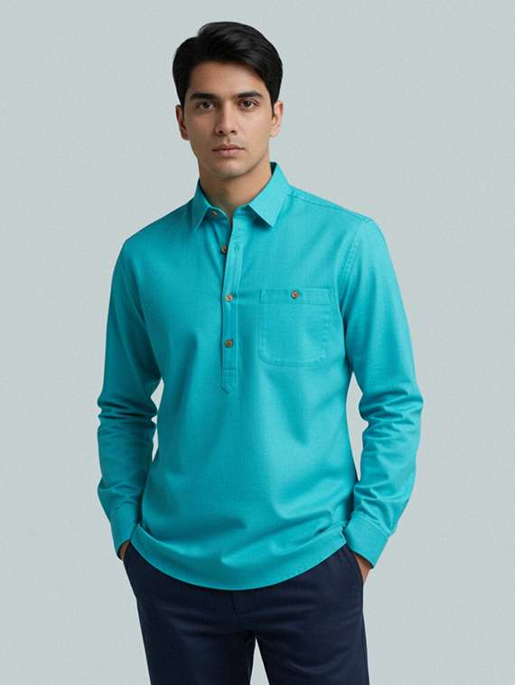 men solid long sleeve short kurta