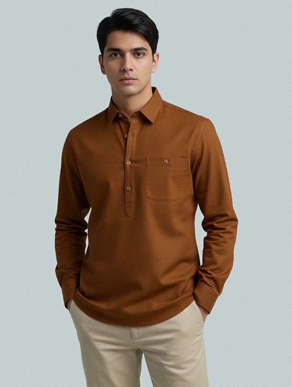 men solid long sleeve short kurta
