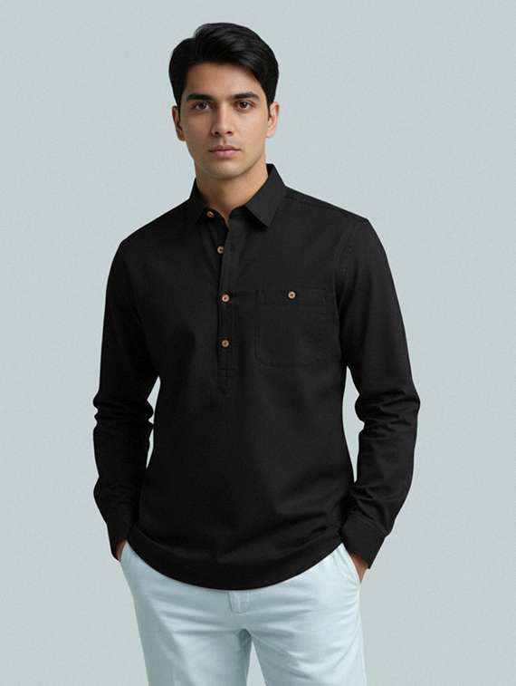 men solid long sleeve short kurta