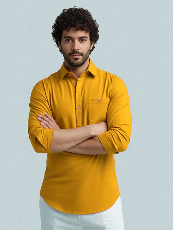 men solid long sleeve short kurta