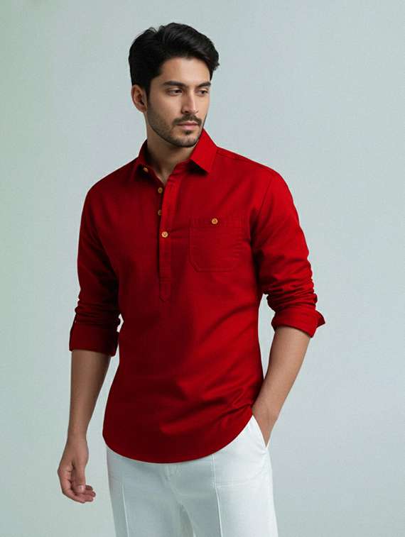 men solid long sleeve short kurta