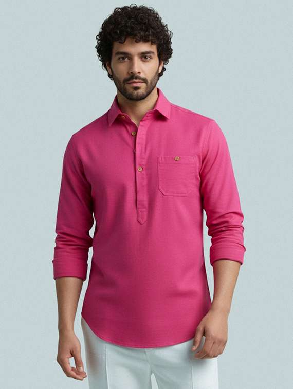 men solid long sleeve short kurta