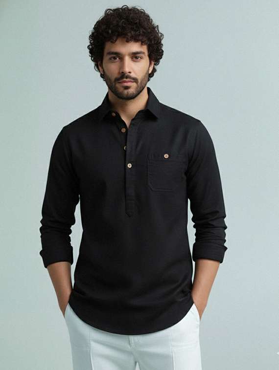 men solid long sleeve short kurta
