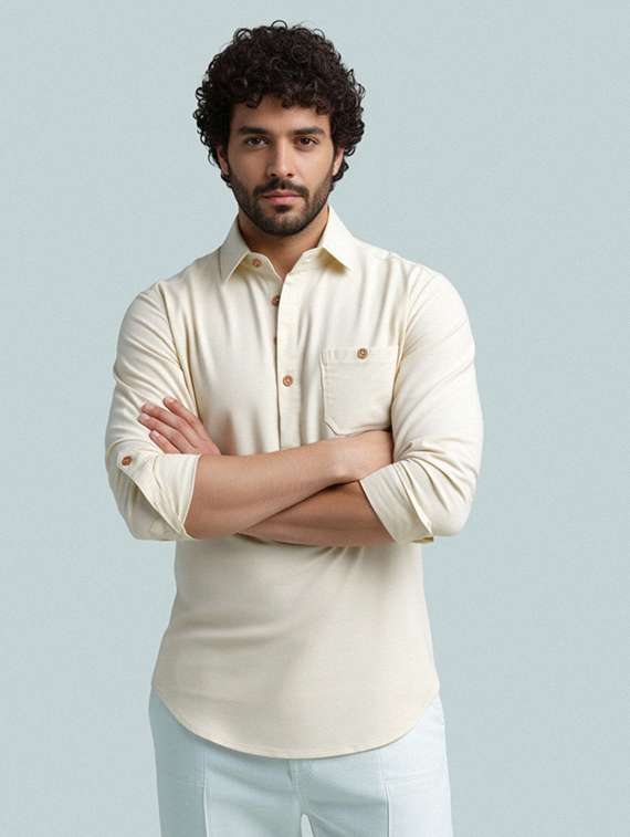 men solid long sleeve short kurta