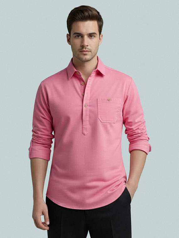 men solid long sleeve short kurta