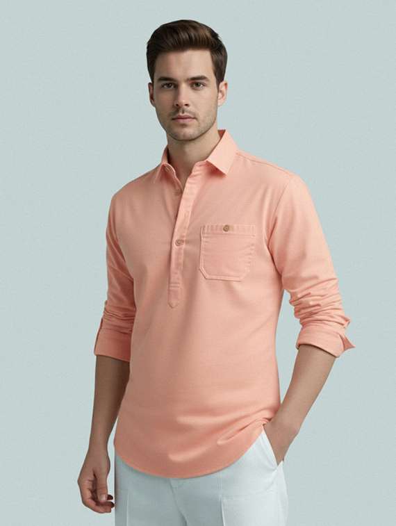 men solid long sleeve short kurta