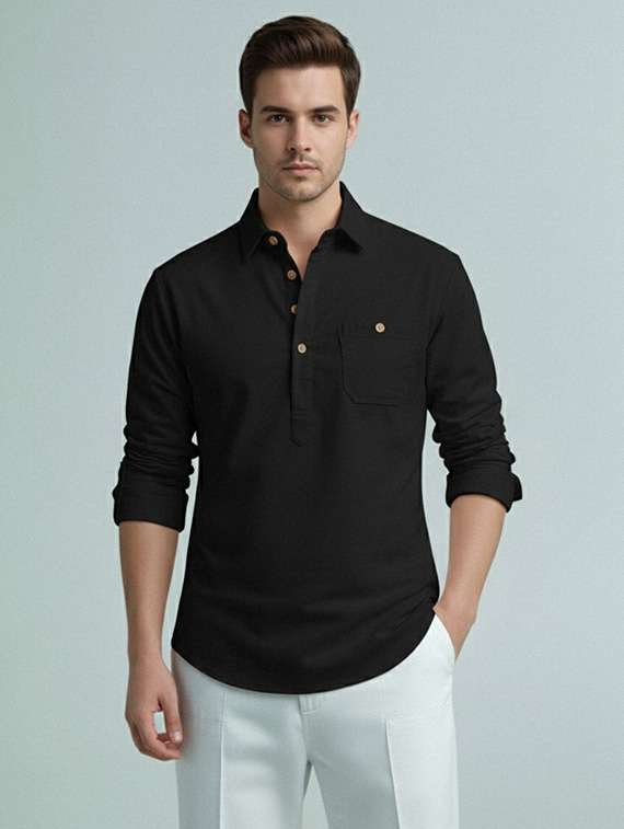 men solid long sleeve short kurta
