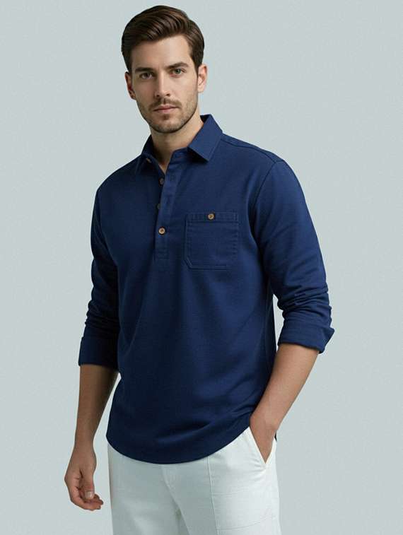 men solid long sleeve short kurta