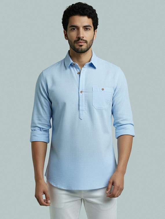 men solid long sleeve short kurta