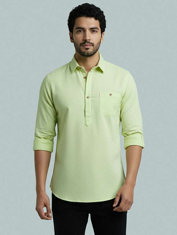 men solid long sleeve short kurta