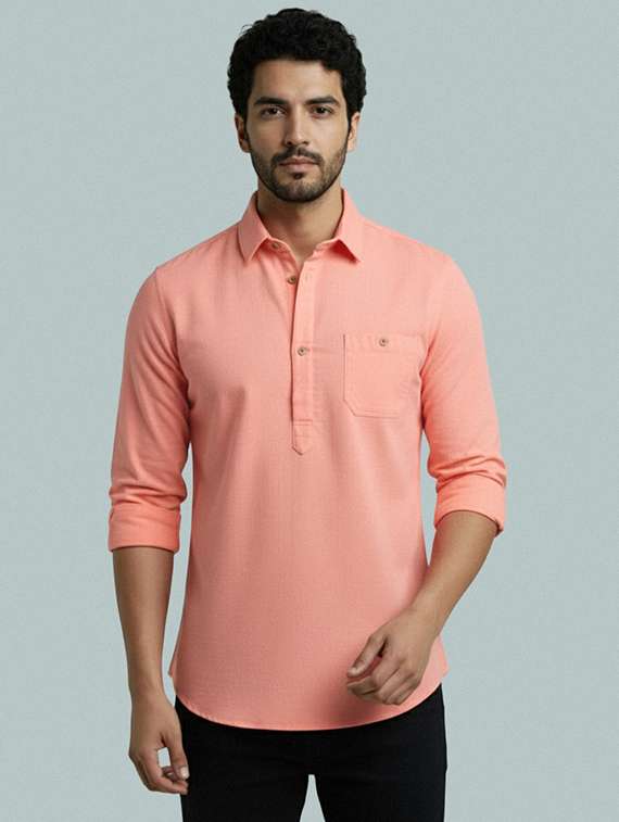 men solid long sleeve short kurta