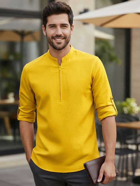 men solid mandarin neck short kurta