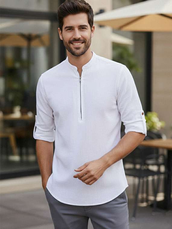 men solid mandarin neck short kurta