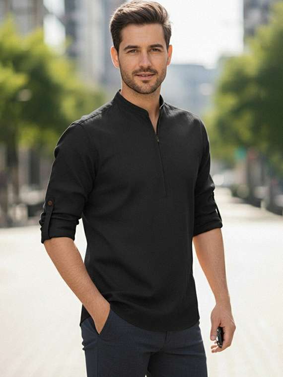 men solid mandarin neck short kurta