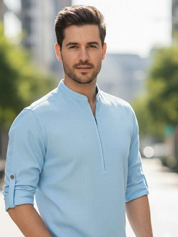 men solid mandarin neck short kurta - 22327509 -  Standard Image - 3